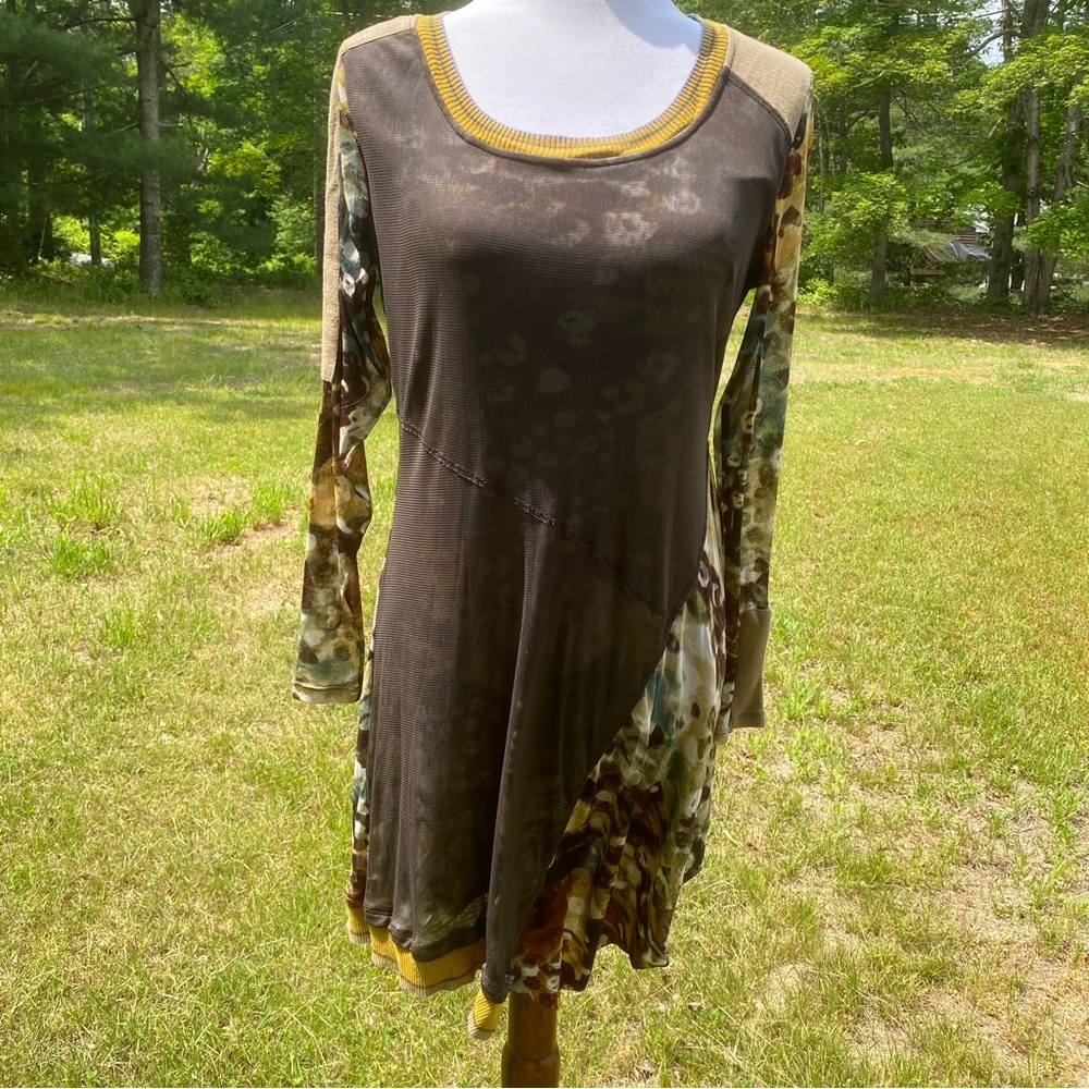 STELLA CARAKASI DRESS HIGH LOW HEM BROWN GOLD LONG SHEER SLEEVE SCOOP NECK Sz S